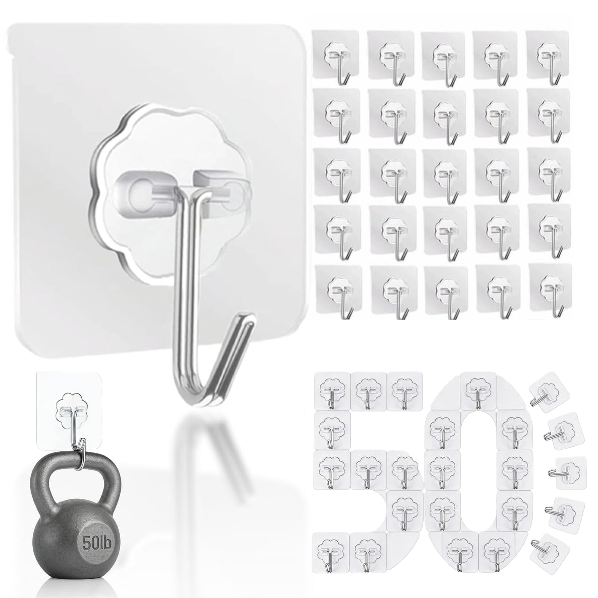 DDMY Adhesive Wall Hooks Heavy Duty 50LB Clear Hook 24 Pack for Hanging