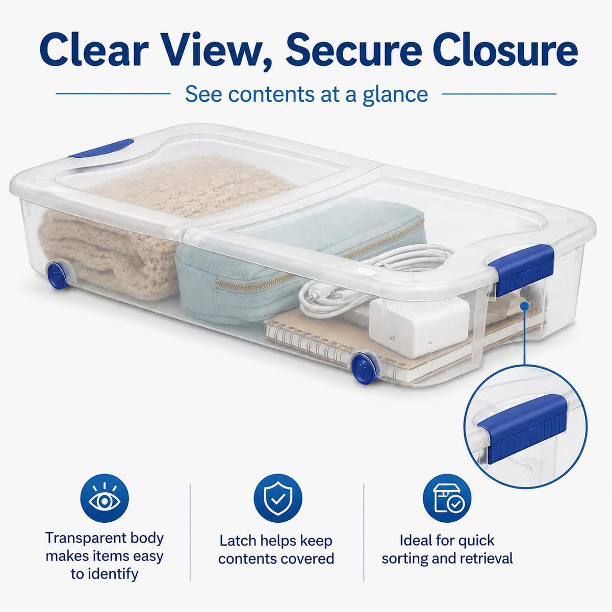 66 Quart Large Capacity Underbed Storage Container with Wheels & Lid | Clear Plastic Rolling Storage Bin for Bedroom, Closet Organization | 39.5” Design for Blankets, Seasonal Clothing & Holiday Decor