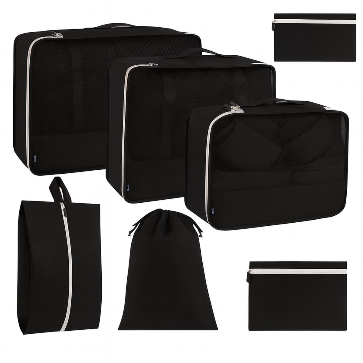 7Pc Packing Cubes for Travel & Storage, Zipper & Drawstring Bags Set, Black