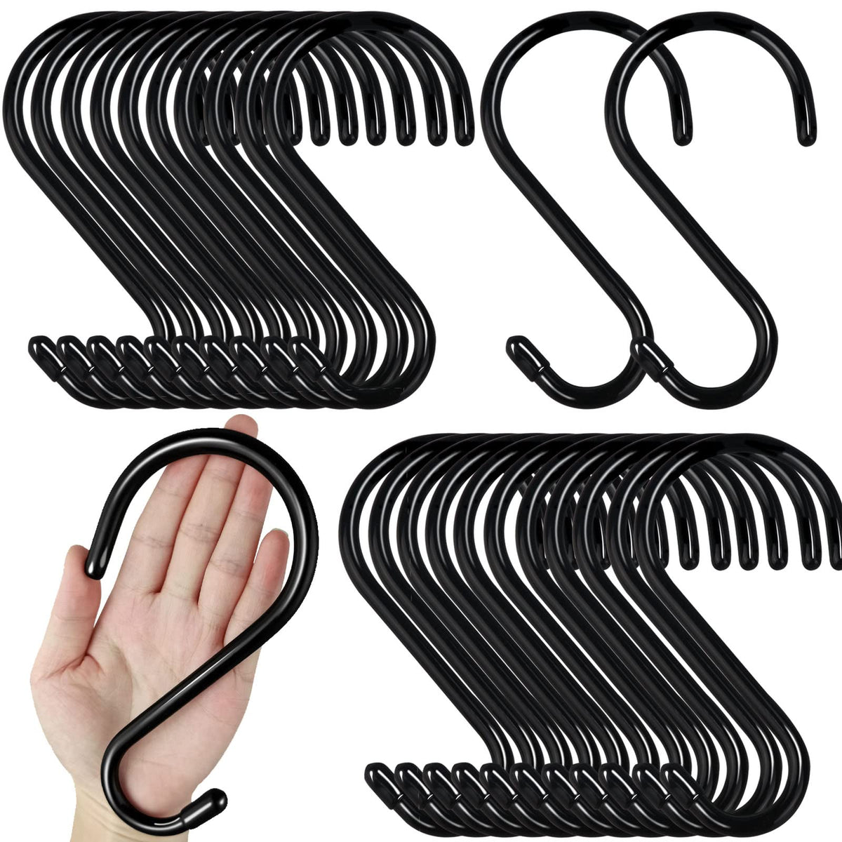DINGEE 4 Inch 12 Pack S Hooks - Heavy Duty, Large Rubber Coated Black Non Slip Metal Hooks for Closet, Garden, Jeans, Plants, Jewelry, Pot, Pan, Cups, Towels