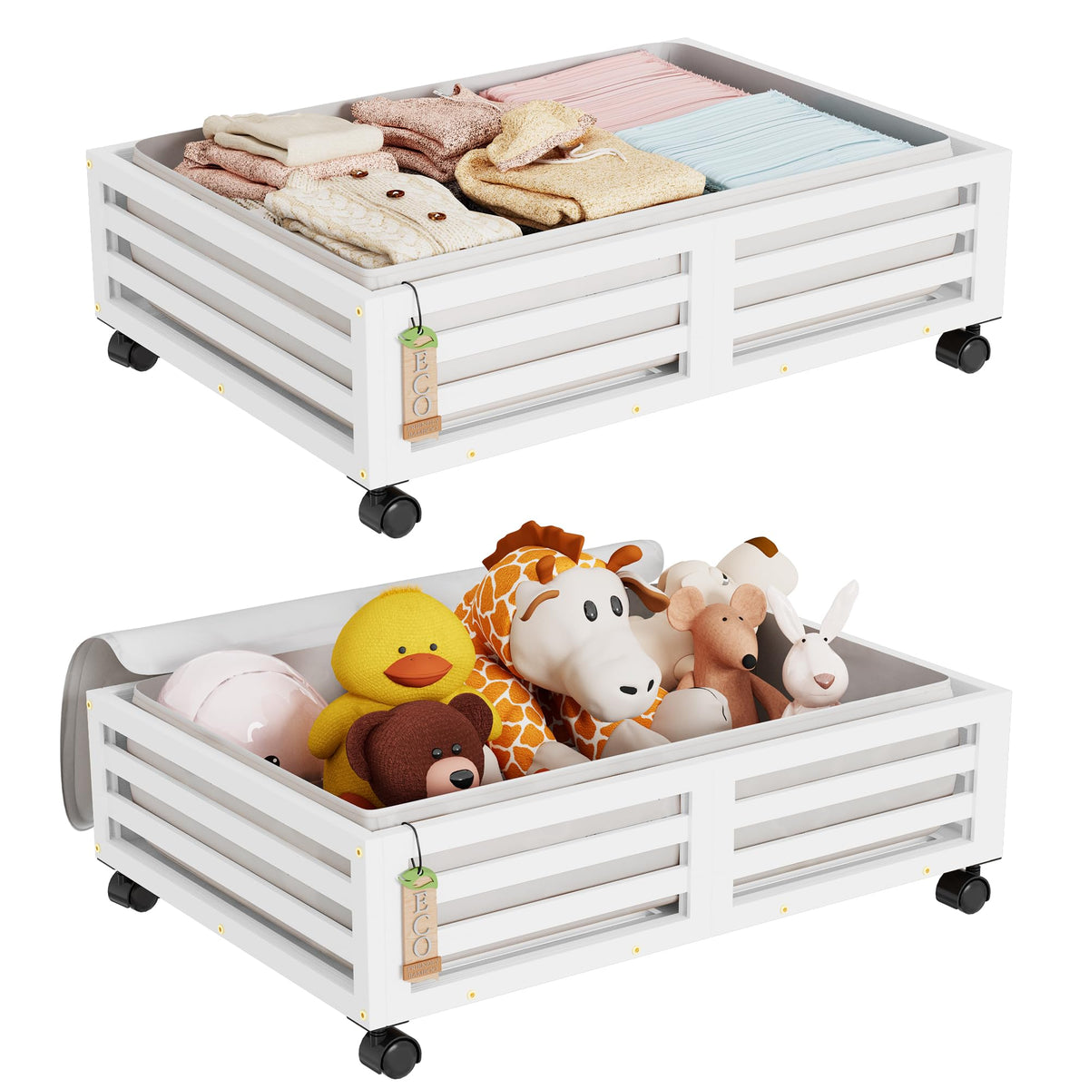 Wisuce 2 Packs Bamboo Under Bed Storage Organizer with Wheels White Small