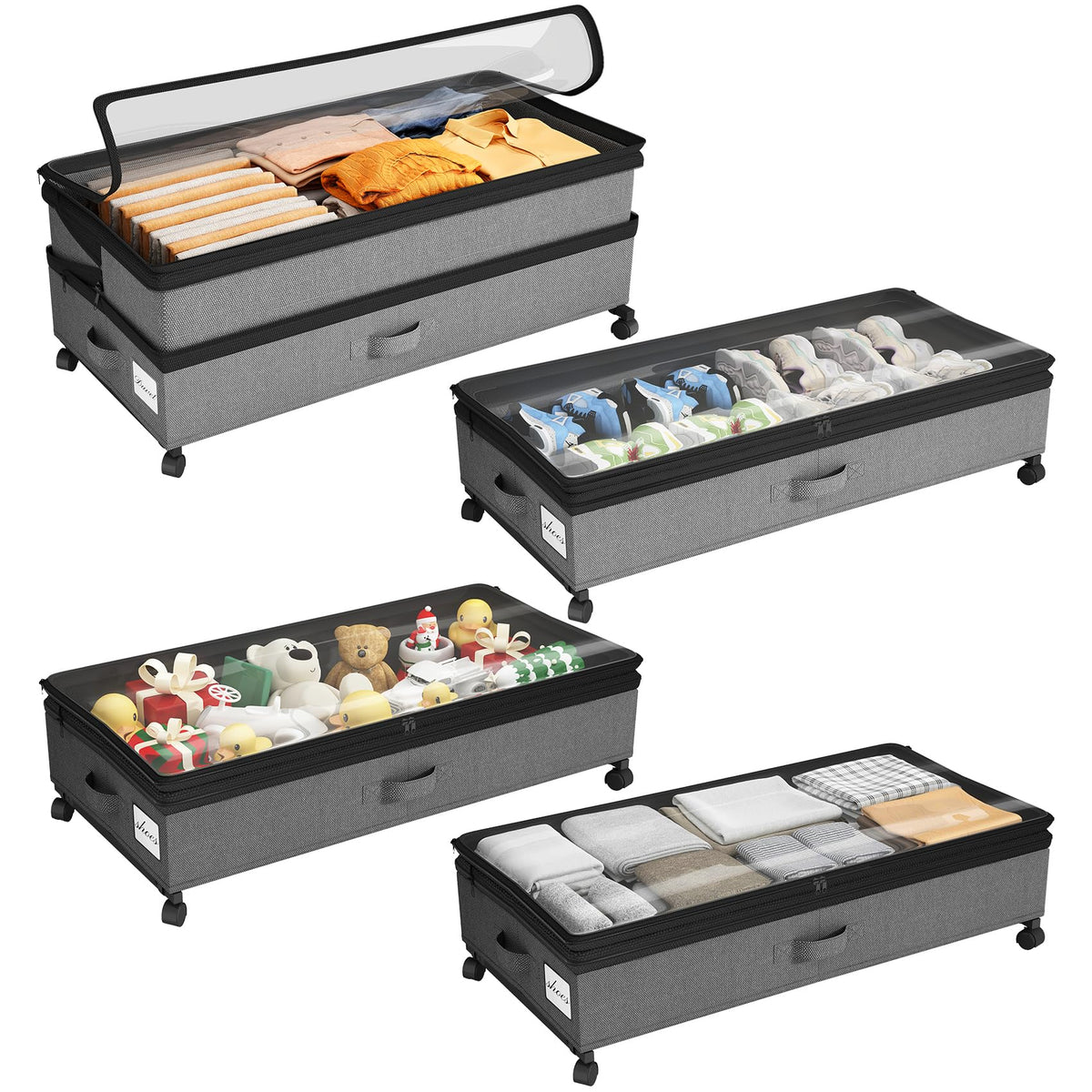 Kitstorack Under Bed Storage with Wheels 2Pack Height-adjustable Under Bed Storage Containers,Under Bed Shoe Storage Organizer with Clear Window&Label, Suitable for Clothes Storage, Gray