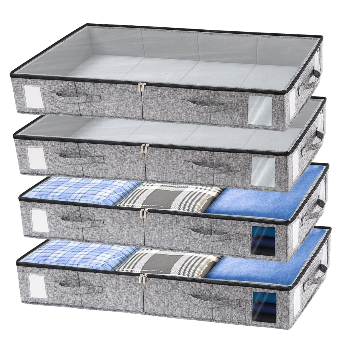 combocube 2 Pack Under Bed Storage Containers, 4.5" Low Profile Underbed Storage Bins with Sturdy Support, Stackable Space Saving Organizer with 4 Handles & Label Windows for Shoes Clothes Blankets