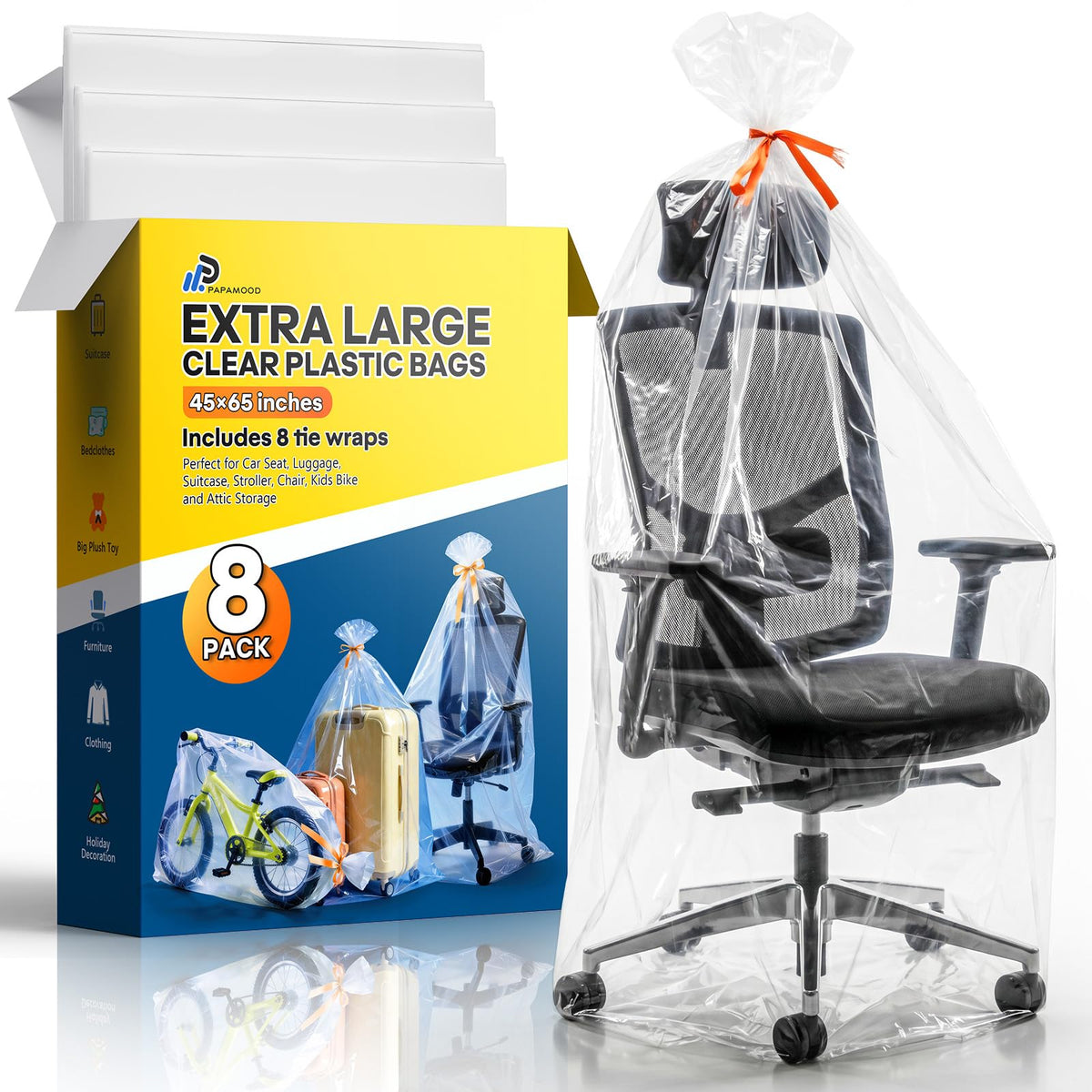 45x65 Inch Extra Large Clear Plastic Storage Bag for Luggage Cover, 8 Pack