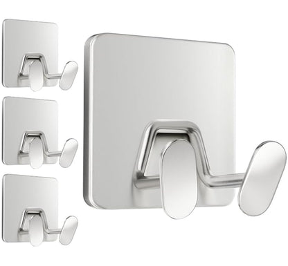 Adhesive Shower Hooks for Inside - Extra Sticky Stainless, Razor Holder Shower Accessories, Wall Mounted Self-Adhesive Double Hooks for Razor, Loofah, Towel, Shaver, Coat, Key, Matt Black, 4-Pack