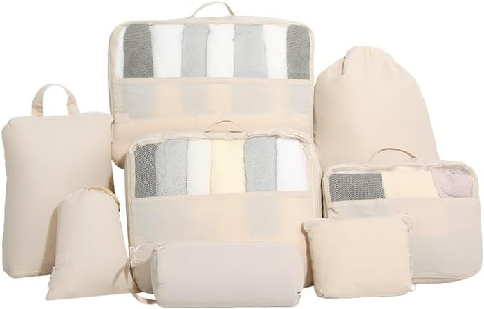 8 Pack Travel Clothes Storage Bags for Suitcase, Luggage, Home Organization, Gym, Camping – Lightweight & Durable (8, Beige, Sollid)
