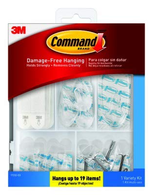 Command Clear Variety Pack, Including 8 Pairs of Picture Hangers, 4 Clear Wire Hooks and 11 Wall Hook for Hanging Back to School Dorm Organizers, Damage-Free Hanging Up to 19 Items