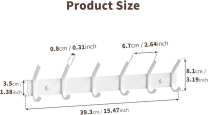 Coat Rack Wall Mount Hooks - 15 Inch White Metal 6-Hook Rack(1 Pack)