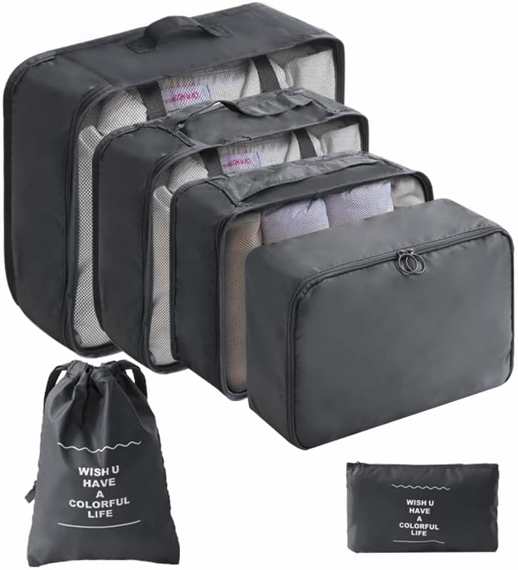 LANSKLBD 6/8 Set Packing Cubes for Suitcases Travel Luggage Packing Organizers,Travel Accessories Essentials Luggage Organizer with Shoe/Tioletry/Laundry Bag (Black, 6 set)