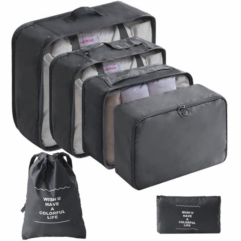 LANSKLBD 6/8 Set Packing Cubes for Suitcases Travel Luggage Packing Organizers,Travel Accessories Essentials Luggage Organizer with Shoe/Tioletry/Laundry Bag (Black, 6 set)
