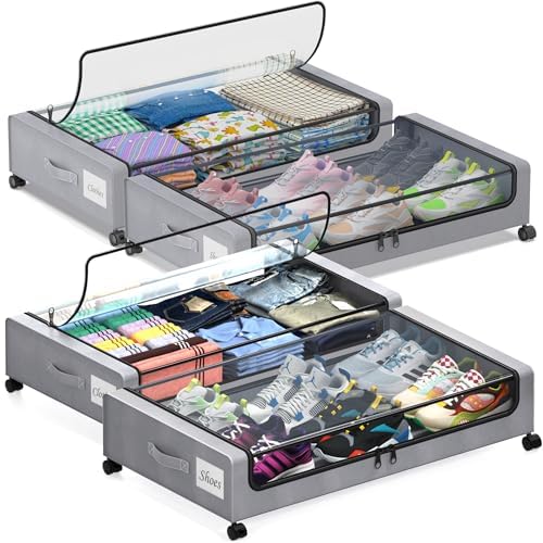 Under Bed Storage with Wheels, 2 Pack Under Bed Storage Containers with Clear Lids, XXL 65L Under Bed Storage Organizer, Rolling Under Bed Metal Drawer for Blanket, Clothes, Shoes (31 x 17 x 6.69 in)