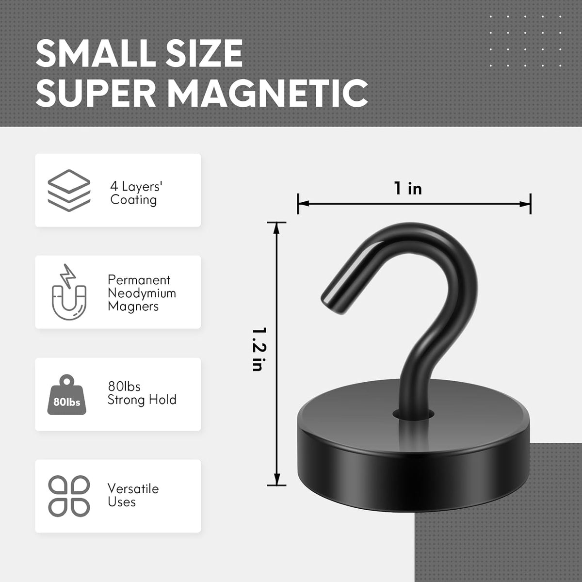 Neosmuk Magnetic Hooks Steel Tube Design for Cruise,80lb+ Black,10 Pack