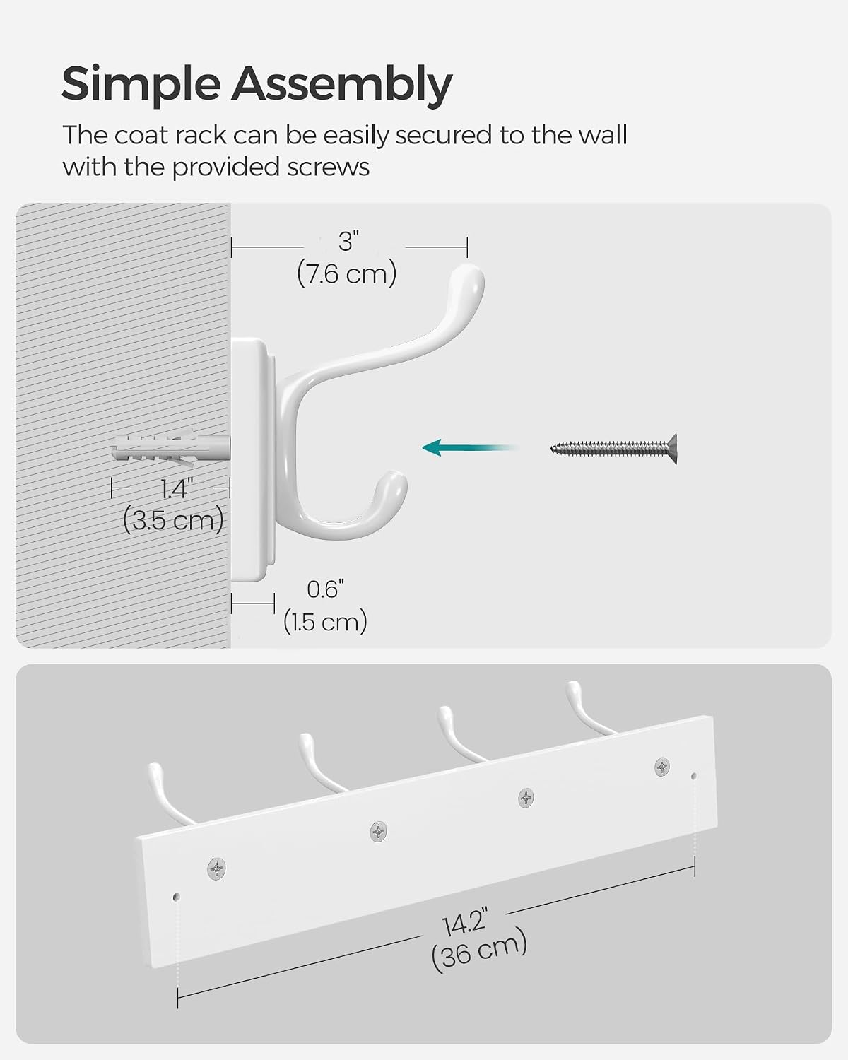 SONGMICS Wall-Mounted Coat Rack, 4 Dual Metal Hooks
