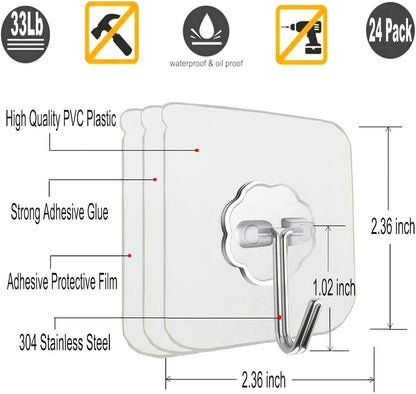 Jwxstore 24 Pack Adhesive Wall Hooks Clear 33LB Heavy Duty Sticky Hooks
