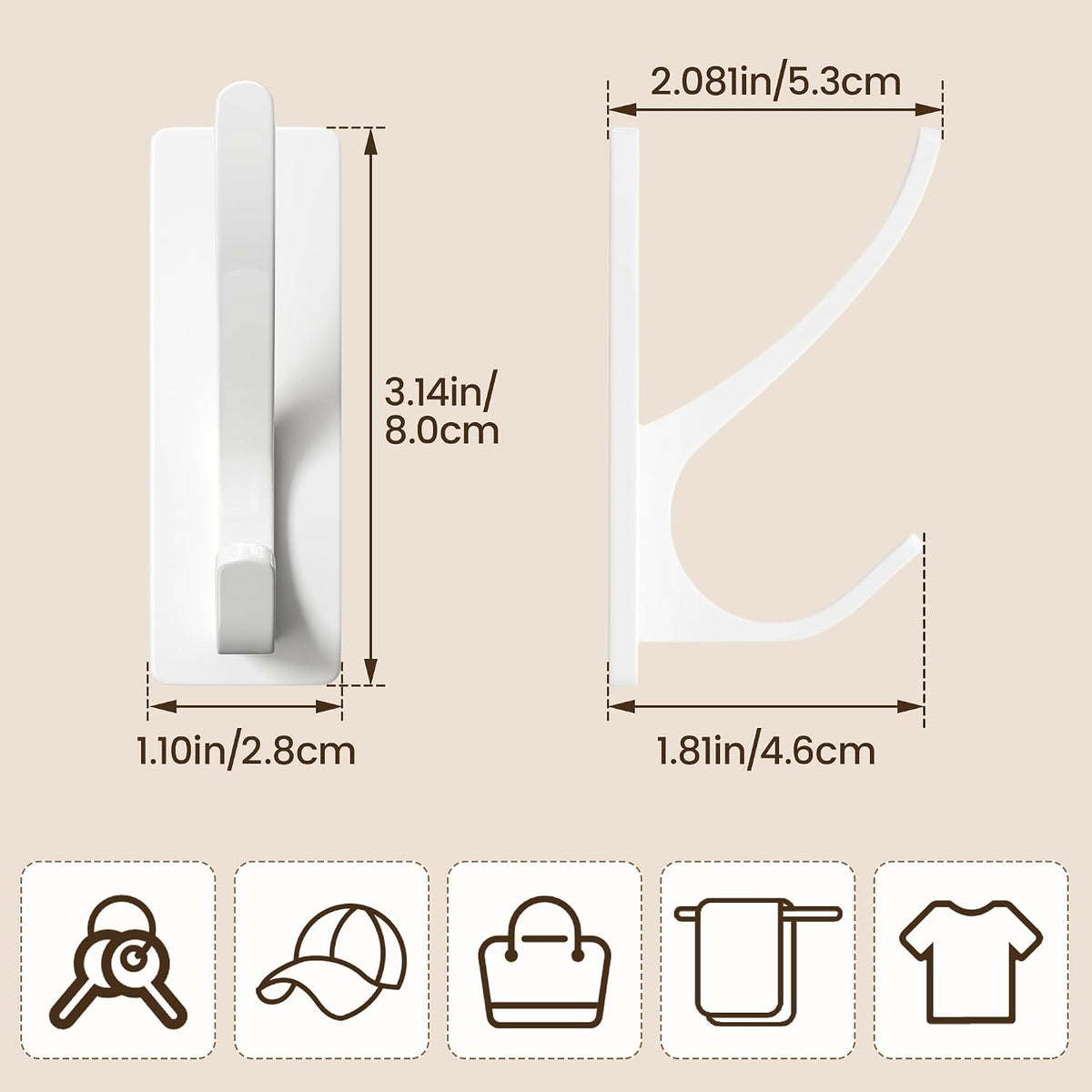 pickpiff White Self-Adhesive Hook, 13LB Hanger for Coat/Towel, 6 Pack