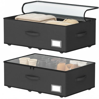 EE-RoomWorld Under Bed Storage with Wheels, No Assemble Required 5.5 inches height beige under bed storage bins,Low Profile Rolling Underbed Shoe Storage containers，dorm underbed storage drawers