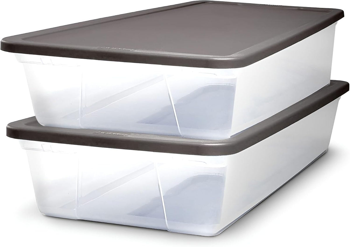 HOMZ Clear Plastic Storage Bins w/Snaplock Lids, 28 Qt, Gray, 2 Pack