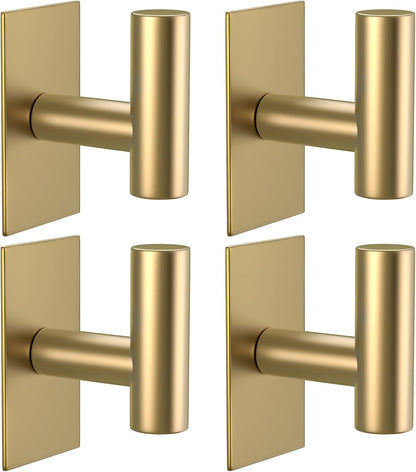 VAEHOLD Wall Towel Hooks, Heavy Duty Sticky Holder Waterproof Towel Hooks for Hanging Coat, Clothes, Closet Hook Wall Mount for Kitchen (Gold, 4 Pack)