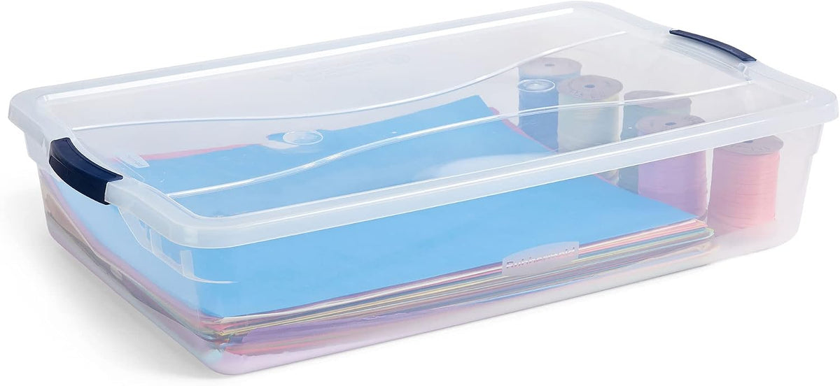 Rubbermaid Cleverstore 42 Quart Stackable Plastic Storage Container Organizer Bin with Latching Lids for Garage, Closet, and Classroom, Clear, 4 Pack