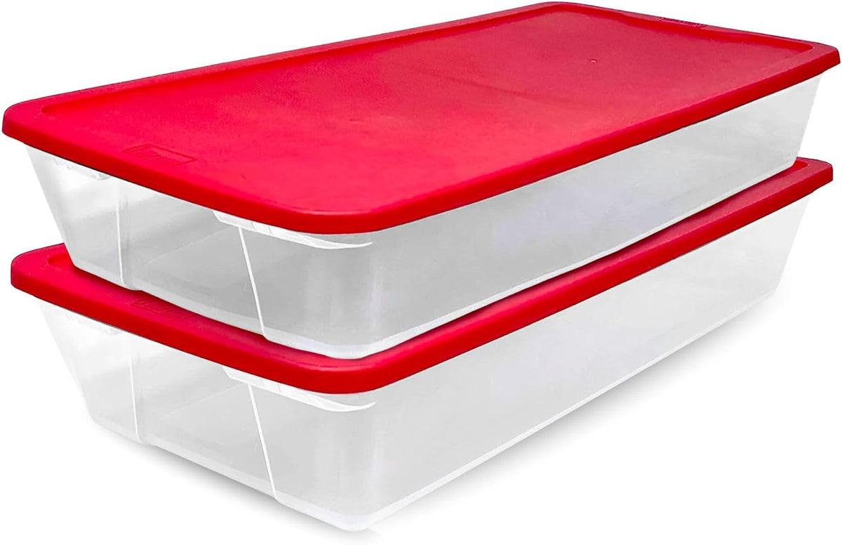 HOMZ Holiday Tote Plastic Storage Bin with Lid, 41 Qt, Clear/Red, 2 Pack