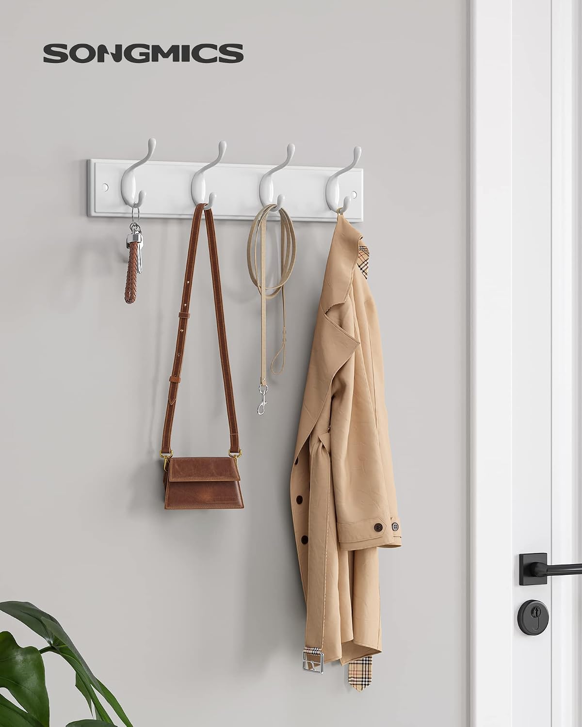 SONGMICS Wall-Mounted Coat Rack, 4 Dual Metal Hooks