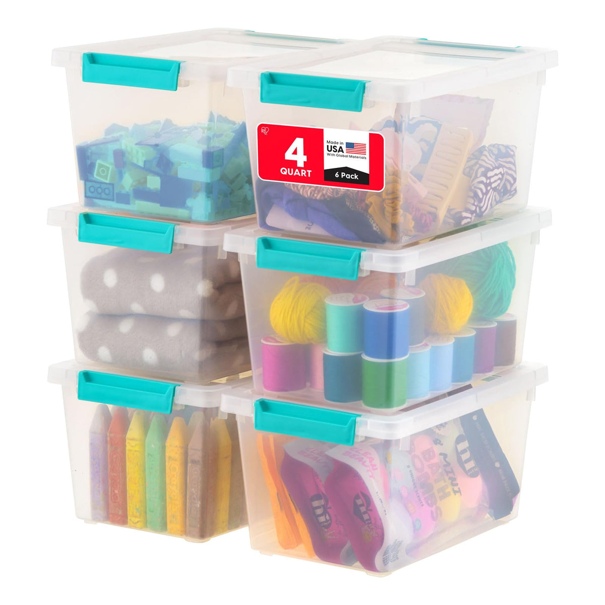 IRIS USA Storage Bins with Lids |Made in USA| 6 Qt - (4-Pack) - Clear