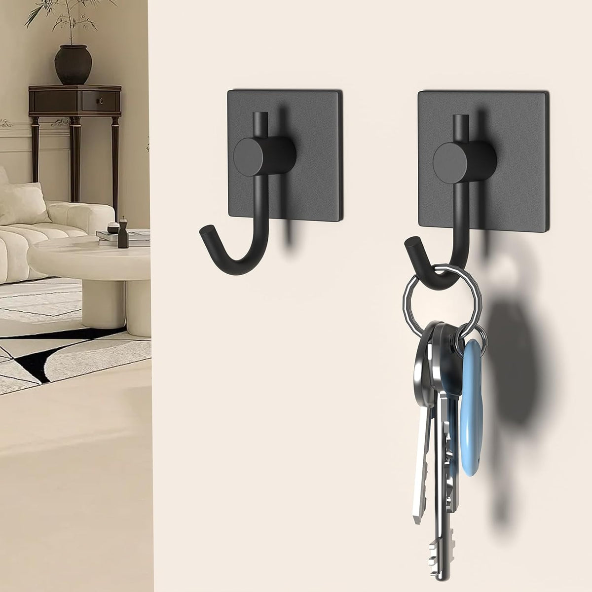VAEHOLD 6 Pack Adhesive Wall Hooks, Heavy Duty Sticky Holder Aluminum Towel Hooks for Hanging Coat, Hat, Key, Clothes, Closet Hook Wall Mount for Kitchen, Bathroom, Office (Black)
