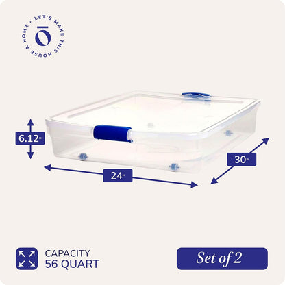 HOMZ Secure Latch, Clear Under Bed Plastic Storage Bins, 56 Quart, 2 Pack