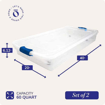 HOMZ Under Bed Clear Plastic Storage Bin w/Lid, 60 Qt, Blue Latch, 2 Pack