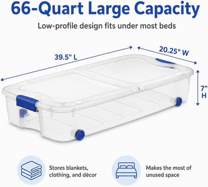 66 Quart Large Capacity Underbed Storage Container with Wheels & Lid | Clear Plastic Rolling Storage Bin for Bedroom, Closet Organization | 39.5” Design for Blankets, Seasonal Clothing & Holiday Decor