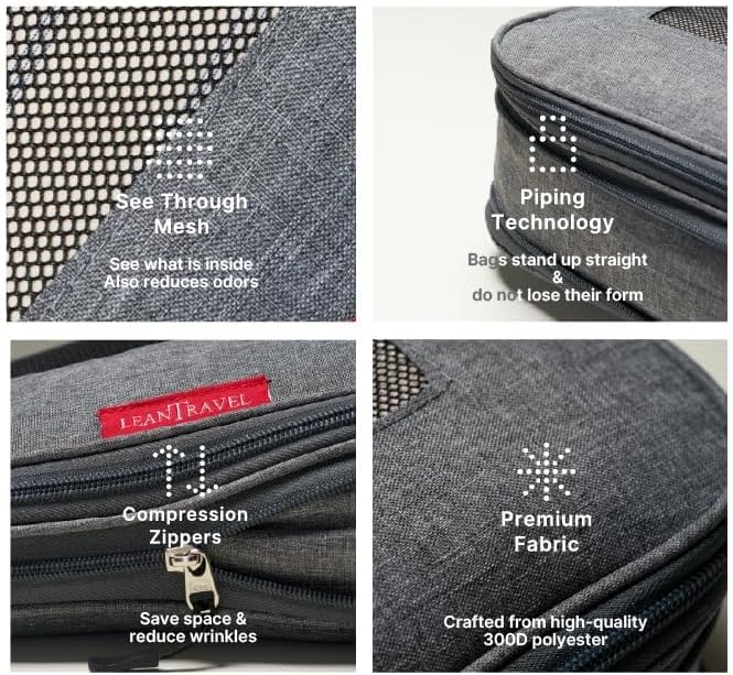 LeanTravel Premium Compression Packing Cubes for Travel - Suitcase Organizer Bags with Double Zipper & Breathable Mesh Panel - Space Saving Carry On Luggage Essentials (6-Pack, Grey)