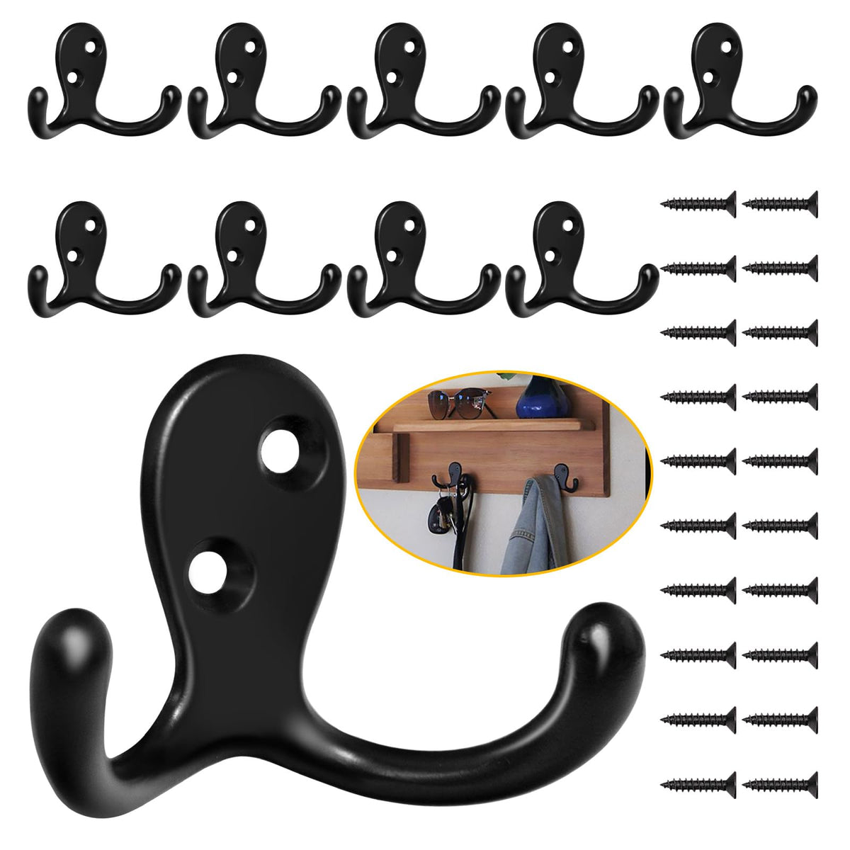 Homanu 14 Pack Black Coat Hooks Wall Mounted Double Prong with 28 Screws