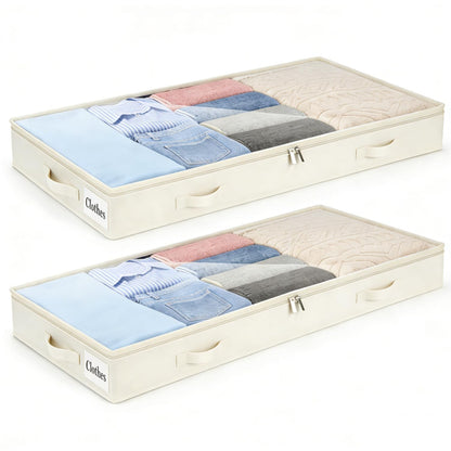 Under Bed Storage Container Bins 2 Pack, 4 Inch Thin Low Profile Underbed Clothes Storage Organizer for Dorm & Home, Use for Blanket and Toy Storage Box W/ Sturdy Bottom/Sides, Foldable Thick Fabric