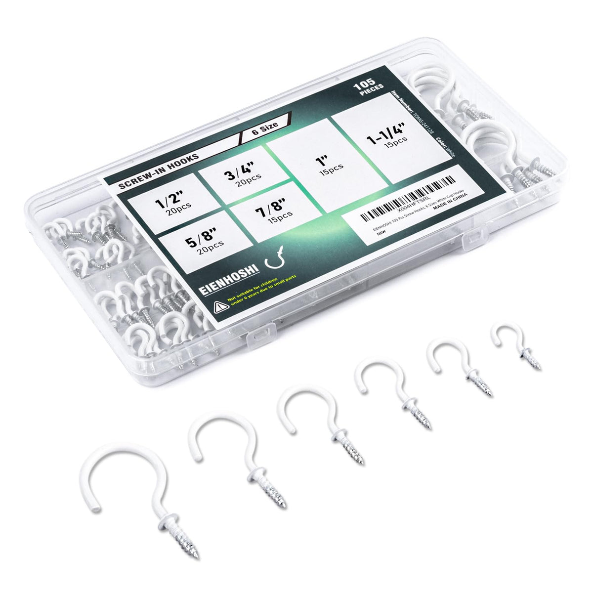 EIENHOSHI 105 Pcs Screw Hooks, 6 Sizes Bronze Cup Hooks, Screw Hooks for Hanging, Metal Cup Hooks Screw in (1/2", 5/8", 3/4", 7/8", 1'', 1-1/4")