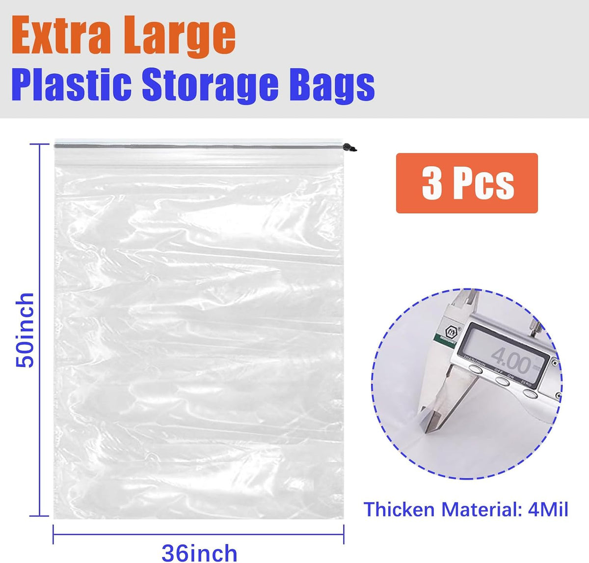 36x50 Inch Extra Large Clear Plastic Suitcase Storage Bags, 3 Pack, 4 Mils
