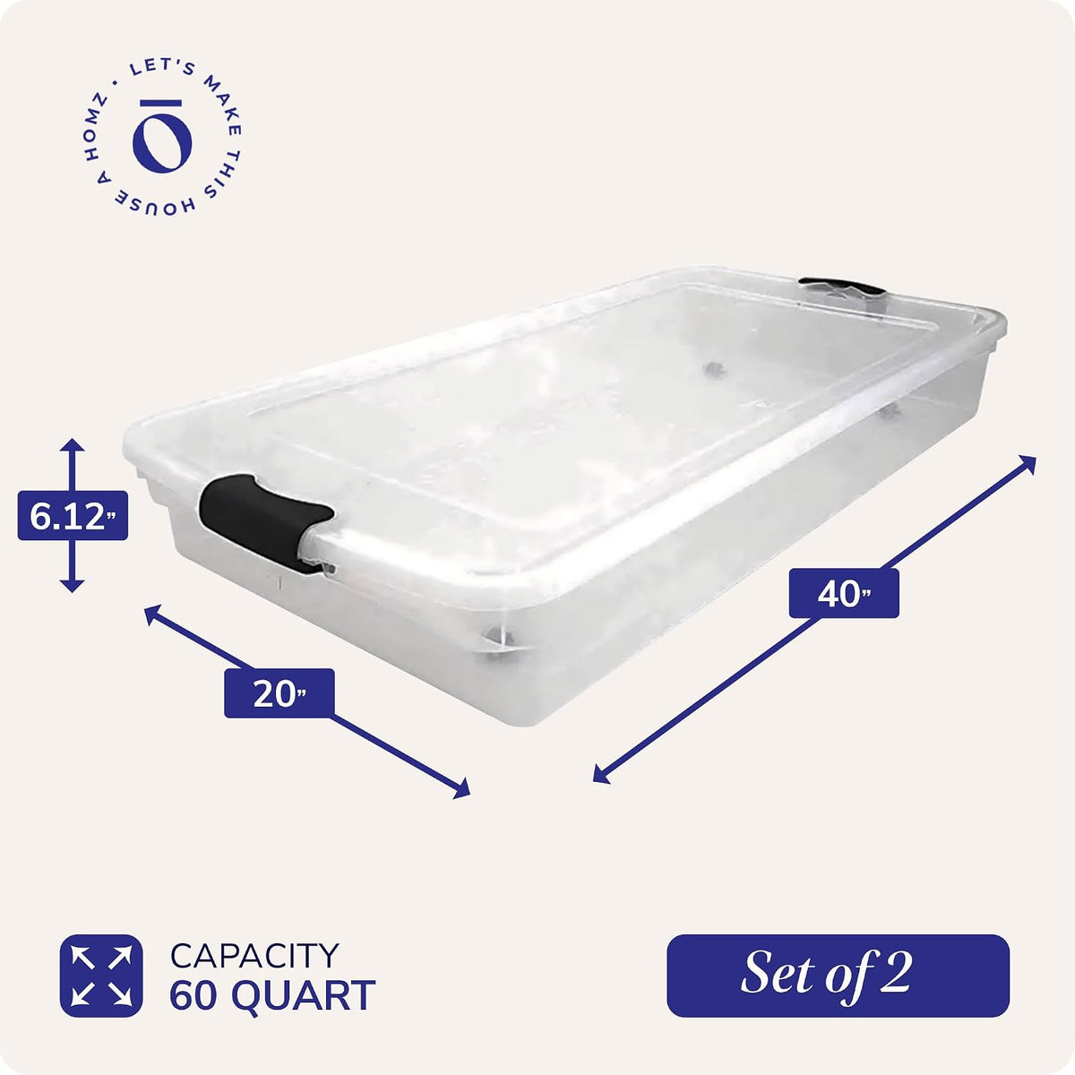 HOMZ Under Bed Clear Plastic Storage Bin w/Lid, 60 Qt, Gray Latch, 2 Pack