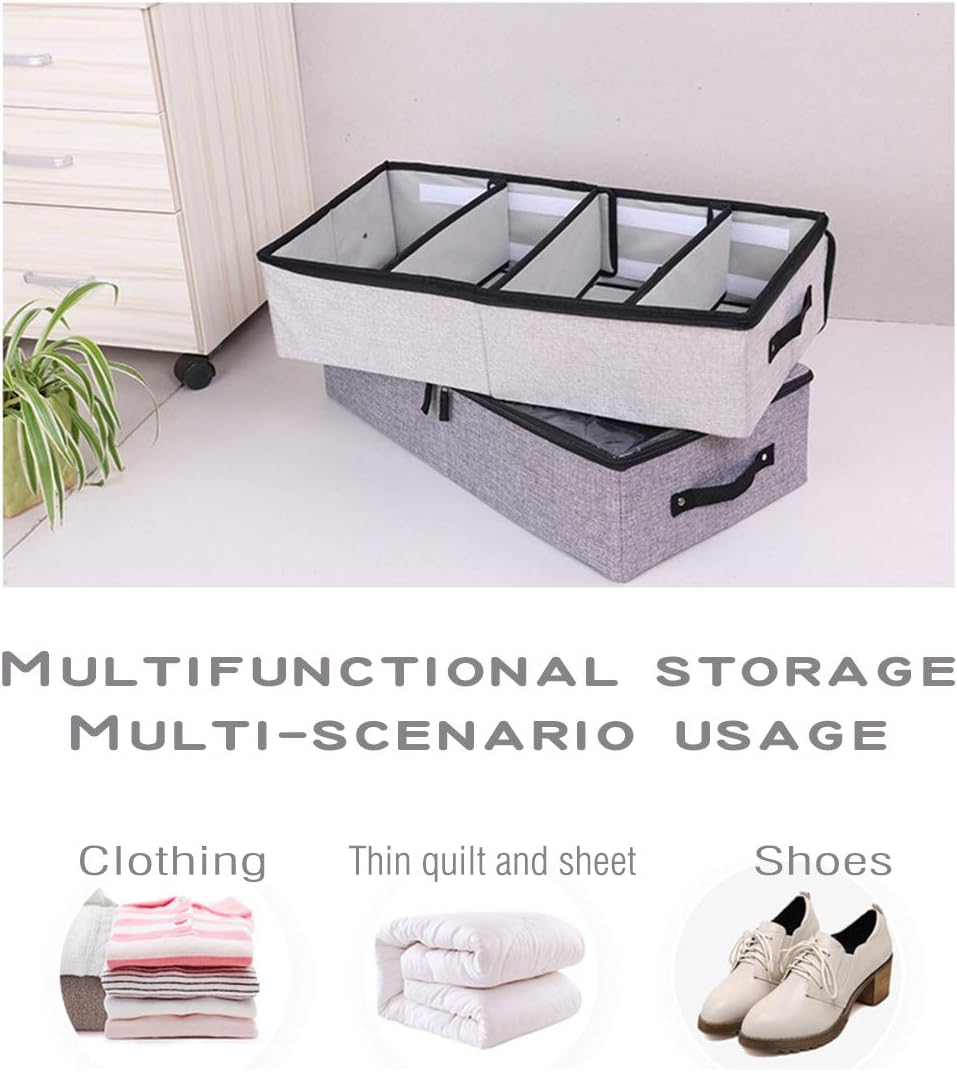 AARAINBOW 2 Packs Foldable Under Bed Clothes Organizer with Lids, Underbed Storage Container with Adjustable Dividers, UnderBed Storage Bins with Handles and Clear Window (Gray+Light Gray)