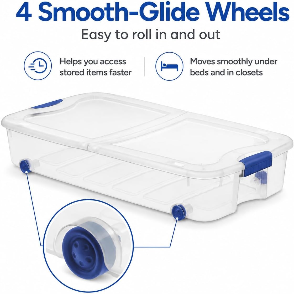 66 Quart Large Capacity Underbed Storage Container with Wheels & Lid | Clear Plastic Rolling Storage Bin for Bedroom, Closet Organization | 39.5” Design for Blankets, Seasonal Clothing & Holiday Decor