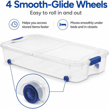 66 Quart Large Capacity Underbed Storage Container with Wheels & Lid | Clear Plastic Rolling Storage Bin for Bedroom, Closet Organization | 39.5” Design for Blankets, Seasonal Clothing & Holiday Decor