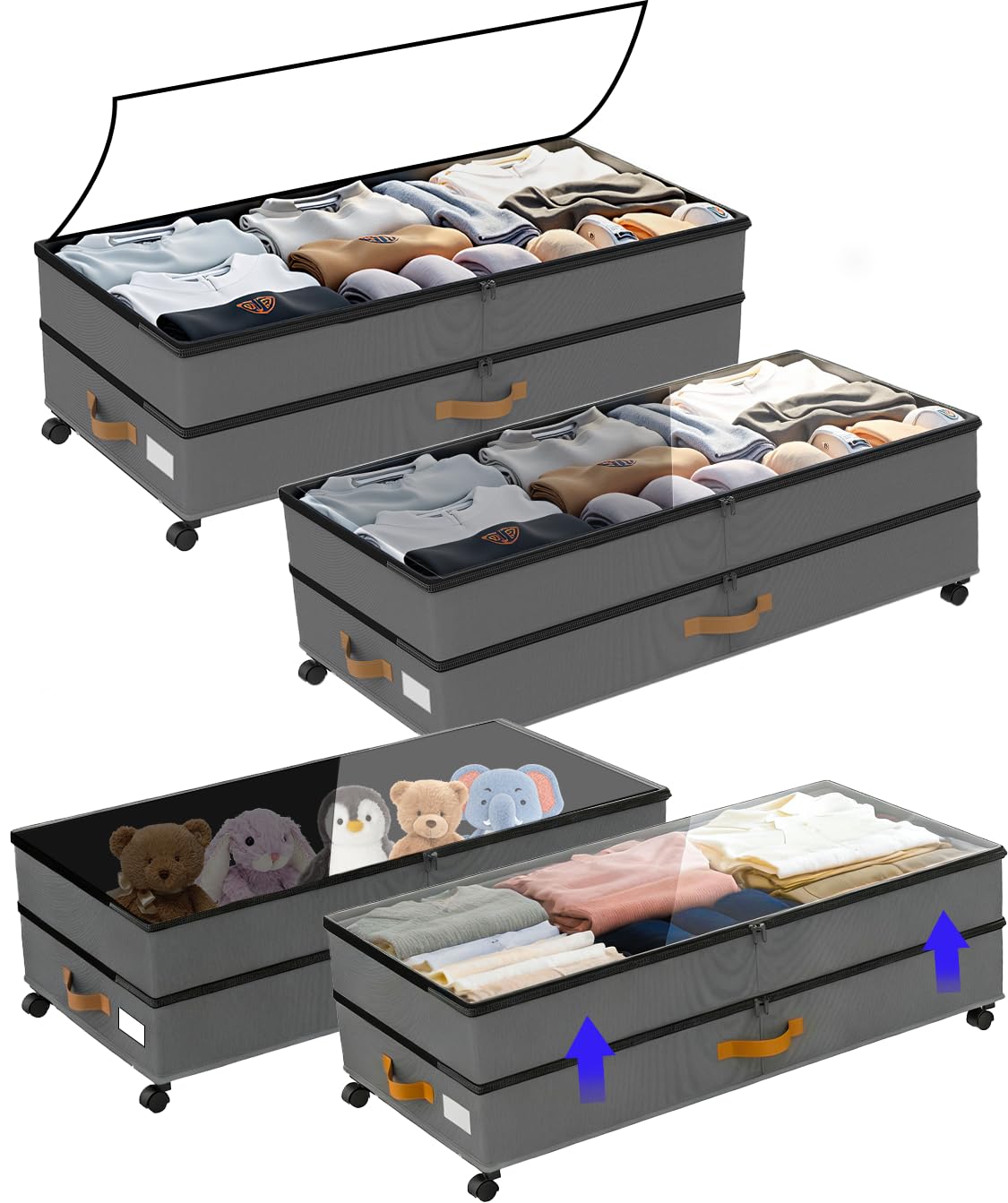 Under Bed Storage with Wheels 2-Pack, 75L XXL Under the Bed Storage Containers Large, 12" Tall Adjustable Storage for Underbed with Lids, Rolling for Clothes, Shoes, Blankets (Black)