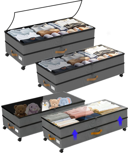Under Bed Storage with Wheels 2-Pack, 75L XXL Under the Bed Storage Containers Large, 12" Tall Adjustable Storage for Underbed with Lids, Rolling for Clothes, Shoes, Blankets (Black)