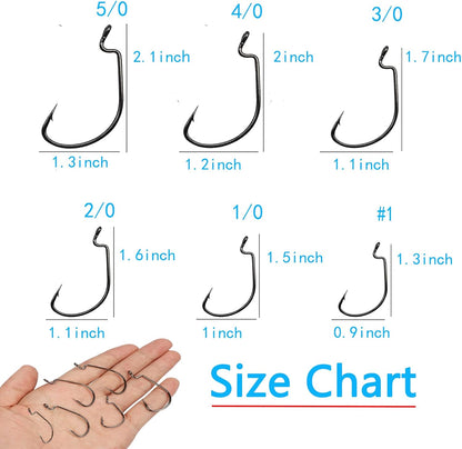 Afmivs Worm Hooks for Bass Fishing Hooks, 110pcs Bass Hooks Fishing, 6 Sizes Fishing Hooks Freshwater, Eagle Claw Hooks #1 1/0 2/0 3/0 4/0 5/0 Black High Carbon Steel with Portable Plastic Box