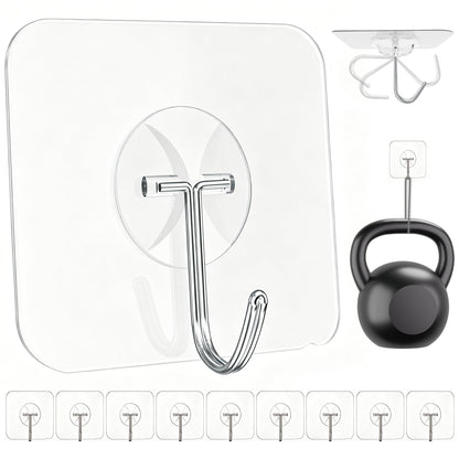 Large Hooks for Hanging Heavy-Duty 44Ib(Max) 10 Packs, Wall Hangers without Nails Self-Adhesive Traceless Clear and Removable, Waterproof and Rustproof Multiple Uses for Bathroom Kitchen Home