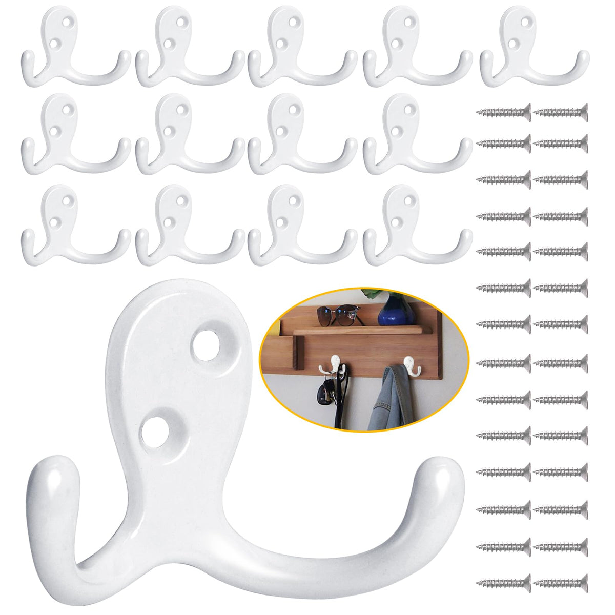 Homanu 14 Pack Black Coat Hooks Wall Mounted Double Prong with 28 Screws
