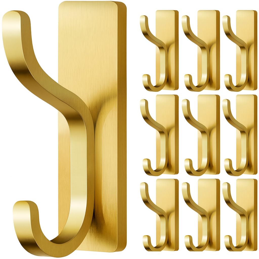 Adhesive Wall Hooks for Towel/Coat,13Lb Strong Stick-On Hooks, Gold 6 Pack