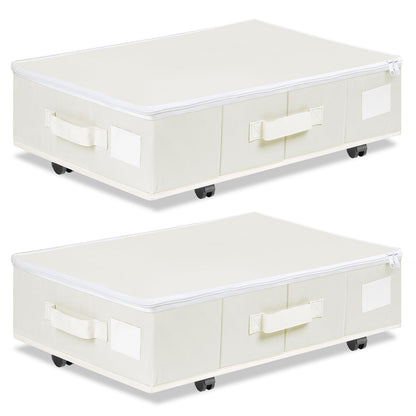 Vincona Under Bed Storage with Wheels, 2 Pack Under Bed Storage Containers with Label Holders for Clothes, Shoes and Blankets, Rolling Underbed Shoe Organizer with Cover, Beige (30.71x15.7x7.28 in)