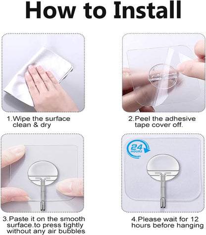 Adhesive Wall Hooks No Drill Clear Heavy Duty, 13LB Sticky 12 Pack