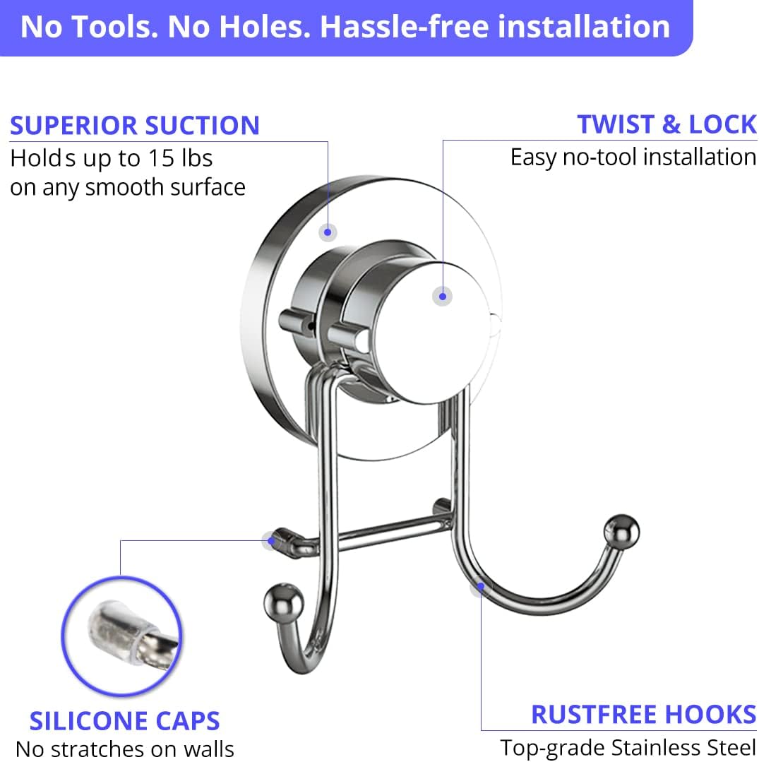 HOME SO Suction Cup Hooks for Shower & Bathroom Towel Holder 2-Pack Chrome