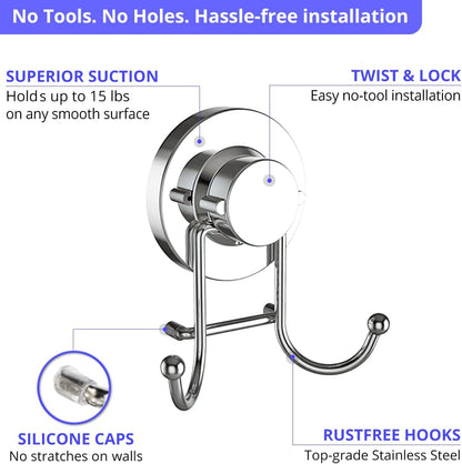 HOME SO Suction Cup Hooks for Shower & Bathroom Towel Holder 2-Pack Chrome