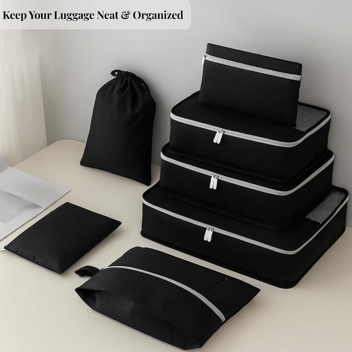 7Pc Packing Cubes for Travel & Storage, Zipper & Drawstring Bags Set, Black